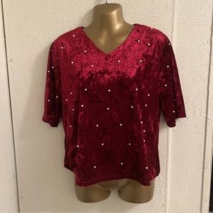 SHEIN SZ M Velvet Red  FAUX PEARL  TOP 3/4"SLEEVES V Neck